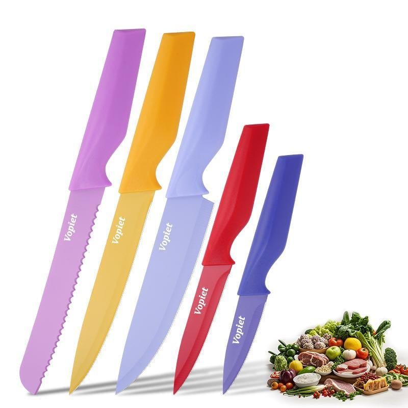 Block 5 Piece Kitchen Knife Set, Rust Resistantcoated Stainless Steel, Dishwasher Safe, Colorcoded for Versatile Use