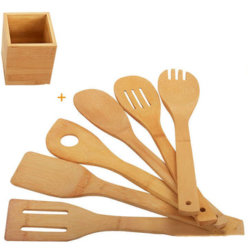 Organic Bamboo Utensil Set with Holder | Non-Scratch Wood Tools