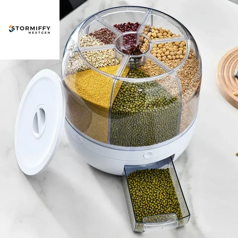 360 Degree Rotating Rice Dispenser Sealed Dry Cereal Grain Bucket Dispenser Moisture-Proof Kitchen Food Container Storage Box