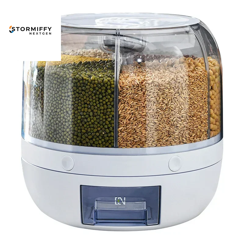 360 Degree Rotating Rice Dispenser Sealed Dry Cereal Grain Bucket Dispenser Moisture-Proof Kitchen Food Container Storage Box