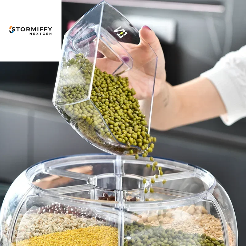 360 Degree Rotating Rice Dispenser Sealed Dry Cereal Grain Bucket Dispenser Moisture-Proof Kitchen Food Container Storage Box