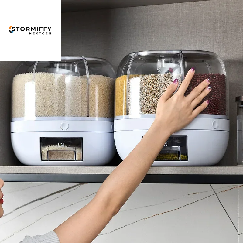 360 Degree Rotating Rice Dispenser Sealed Dry Cereal Grain Bucket Dispenser Moisture-Proof Kitchen Food Container Storage Box
